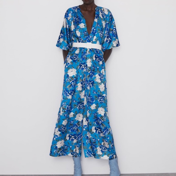 NWT Zara XS Blue Floral Jumpsuit - Picture 2 of 3